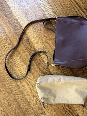 Plum Burgundy Leather Bucket Crossbody Bag Gold Hardware with Pouch